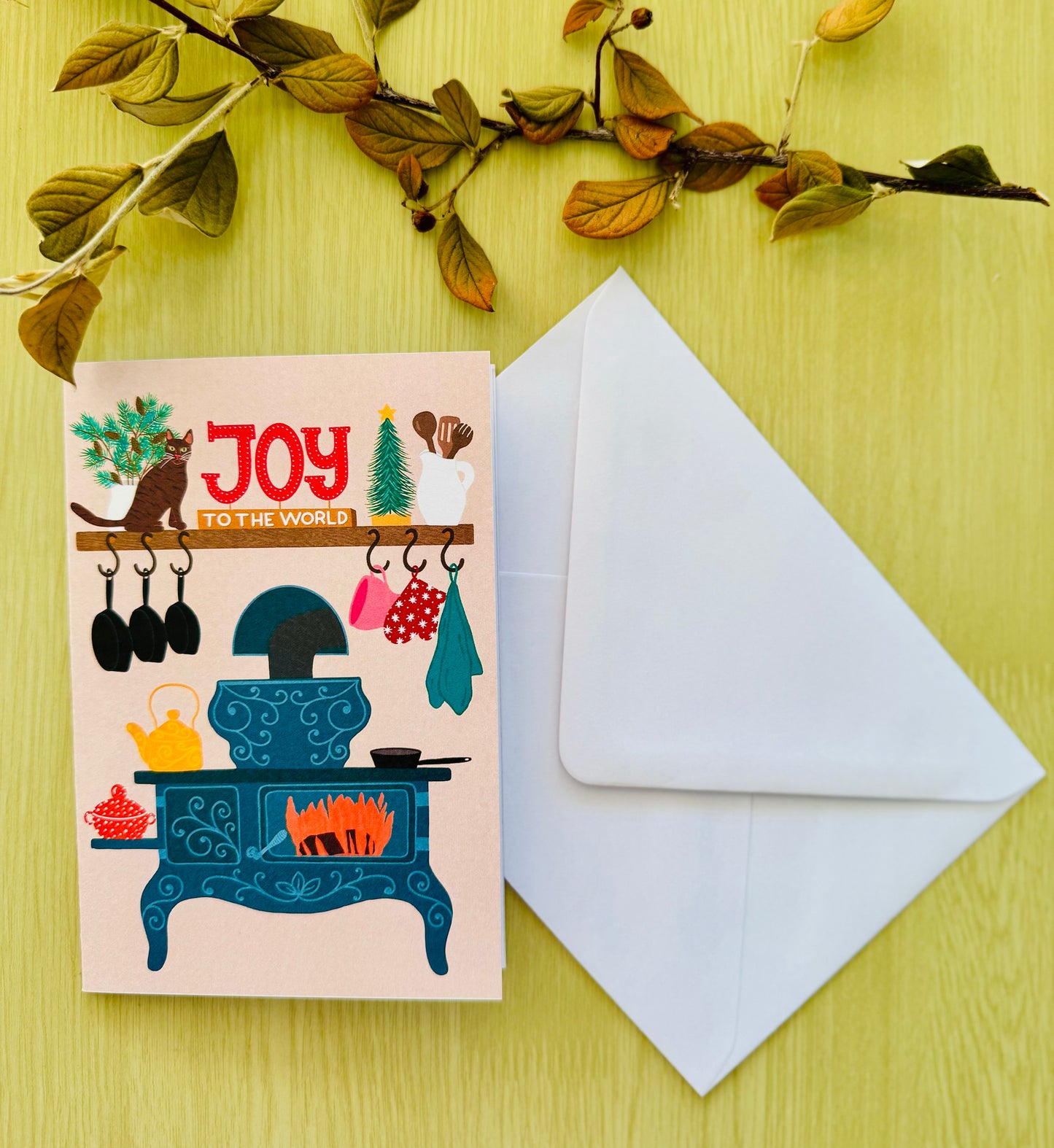 Joy to the World Christmas Card – Cozy Kitchen Holiday Card with Cat, Vintage Stove Illustration, Warm Festive Greeting Card, Winter Cottage Style”