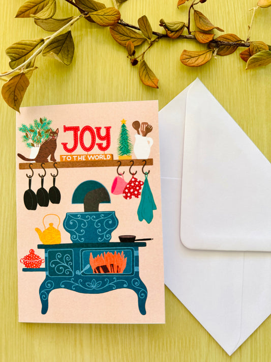 Joy to the World Christmas Card – Cozy Kitchen Holiday Card with Cat, Vintage Stove Illustration, Warm Festive Greeting Card, Winter Cottage Style”