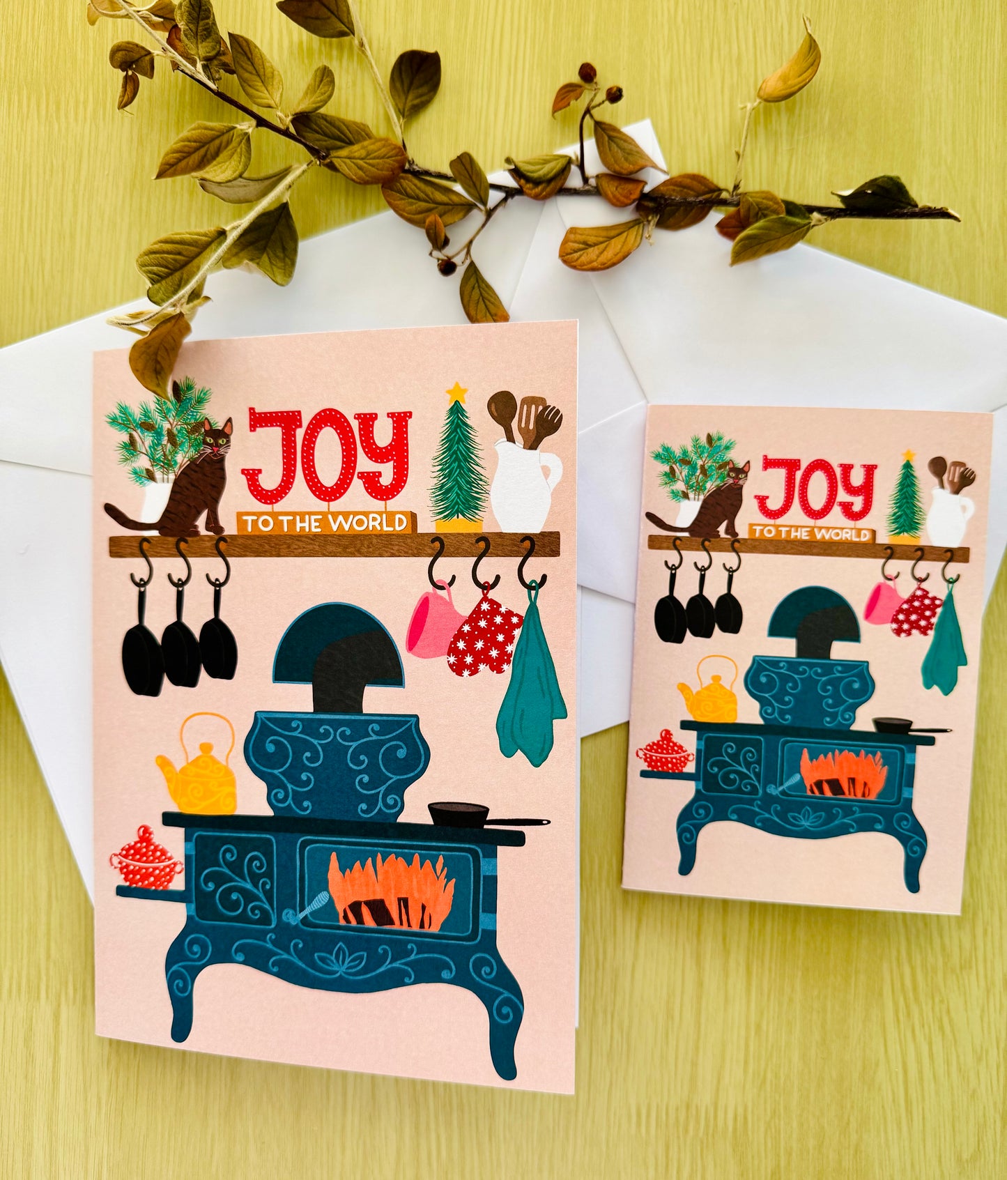 Joy to the World Christmas Card – Cozy Kitchen Holiday Card with Cat, Vintage Stove Illustration, Warm Festive Greeting Card, Winter Cottage Style”