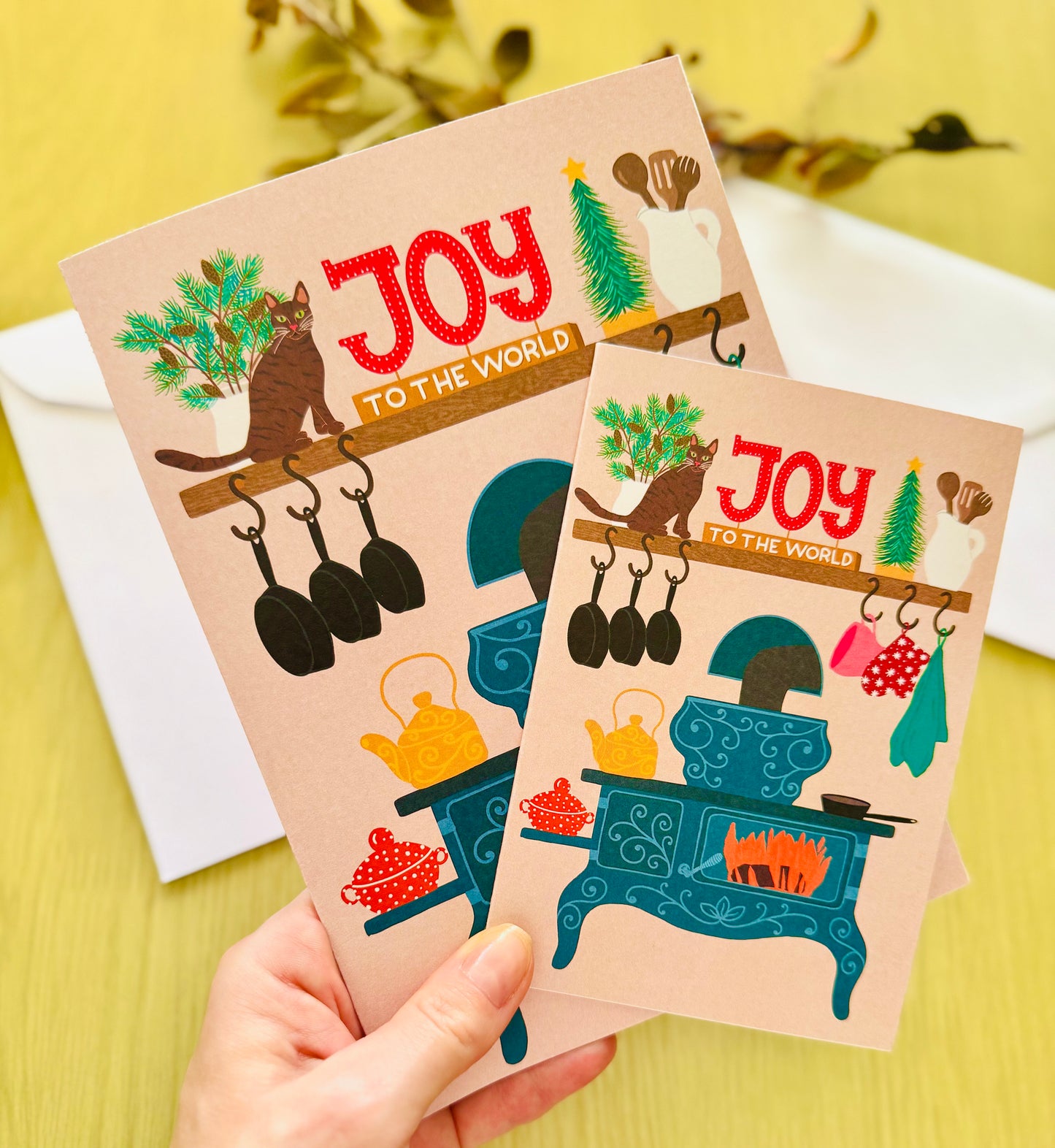 Joy to the World Christmas Card – Cozy Kitchen Holiday Card with Cat, Vintage Stove Illustration, Warm Festive Greeting Card, Winter Cottage Style”