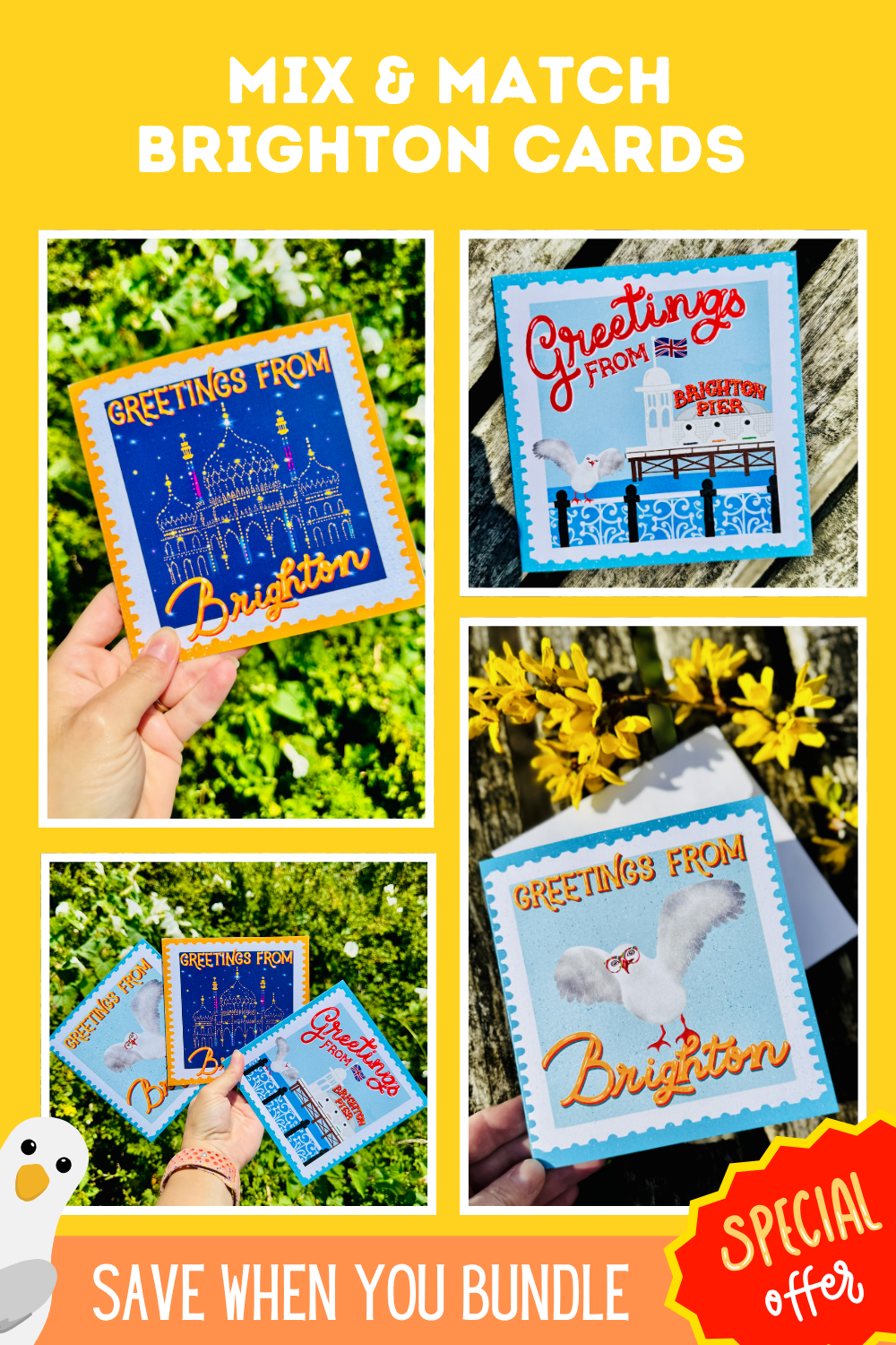 Promotional image of 'Greetings from Brighton' cards with text overlay on a yellow background.