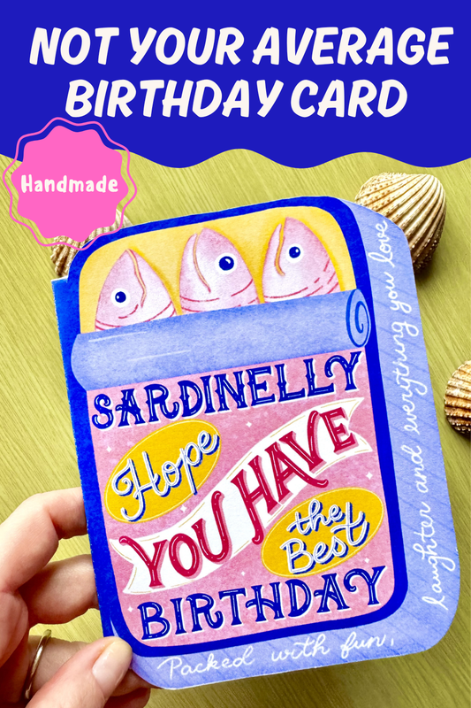 Sardine Tin-Shaped Birthday Card – Whimsical Hand-Drawn Illustration | Blue Tin with 3 Sardines | By Romy Honc