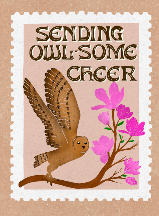 Card with owl illustration and 'Sending Owl-some Cheer' text on a brown background