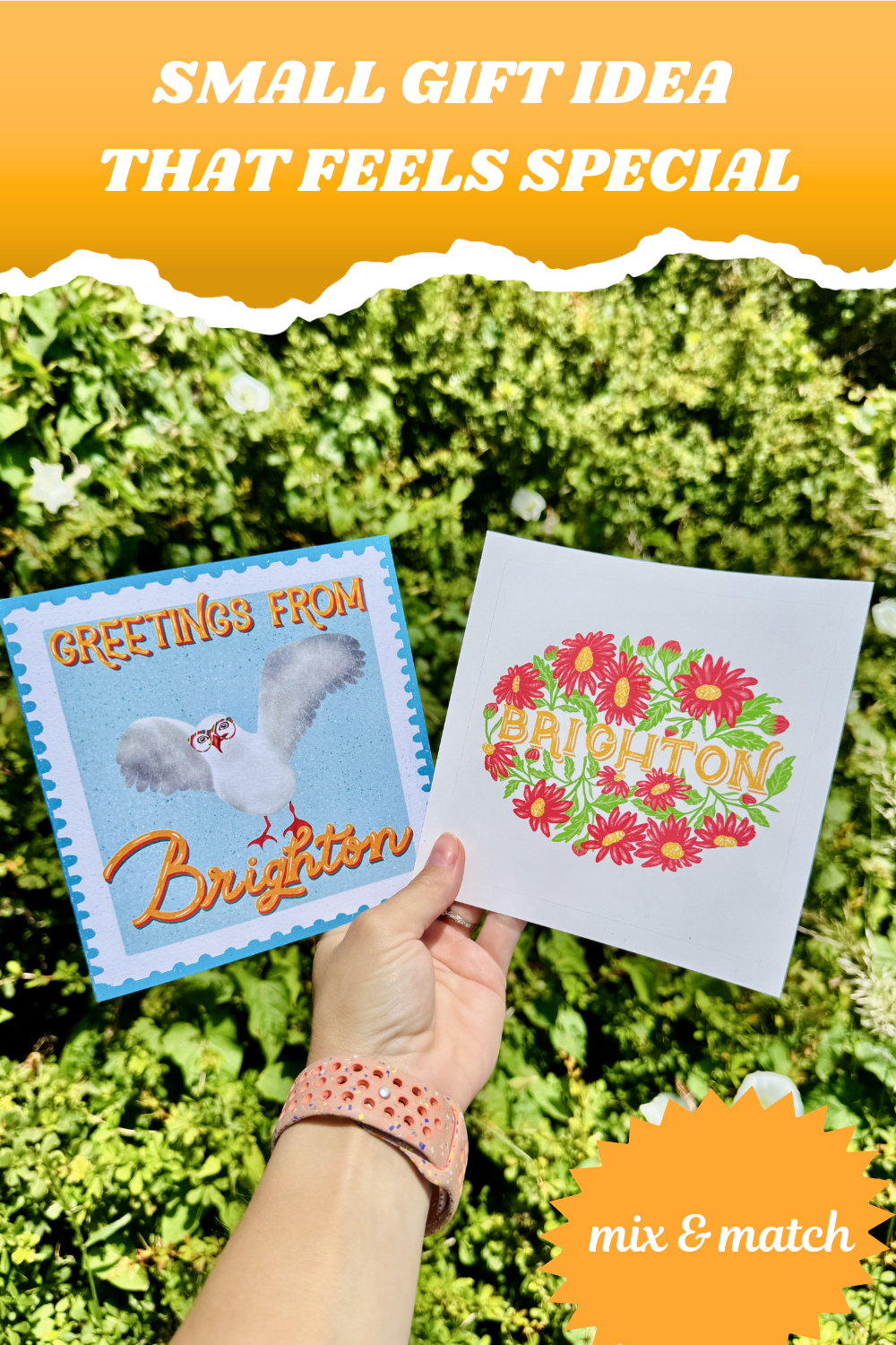 Two greeting cards held in front of a green background with text overlay.
