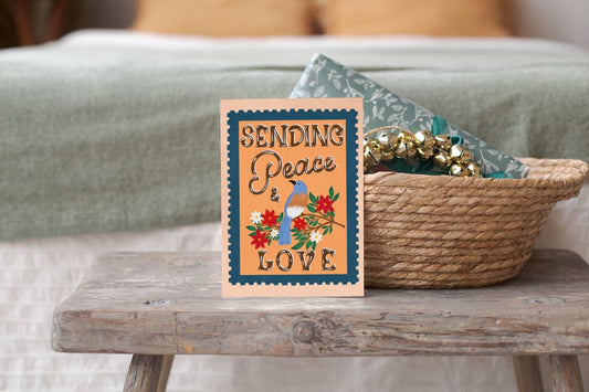 Stamp vintage greeting card on the table