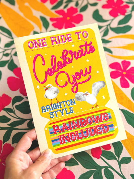LGBT Rainbow Celebration Greeting Card – Vintage Ticket Style with Seagulls Fun Birthday Gift