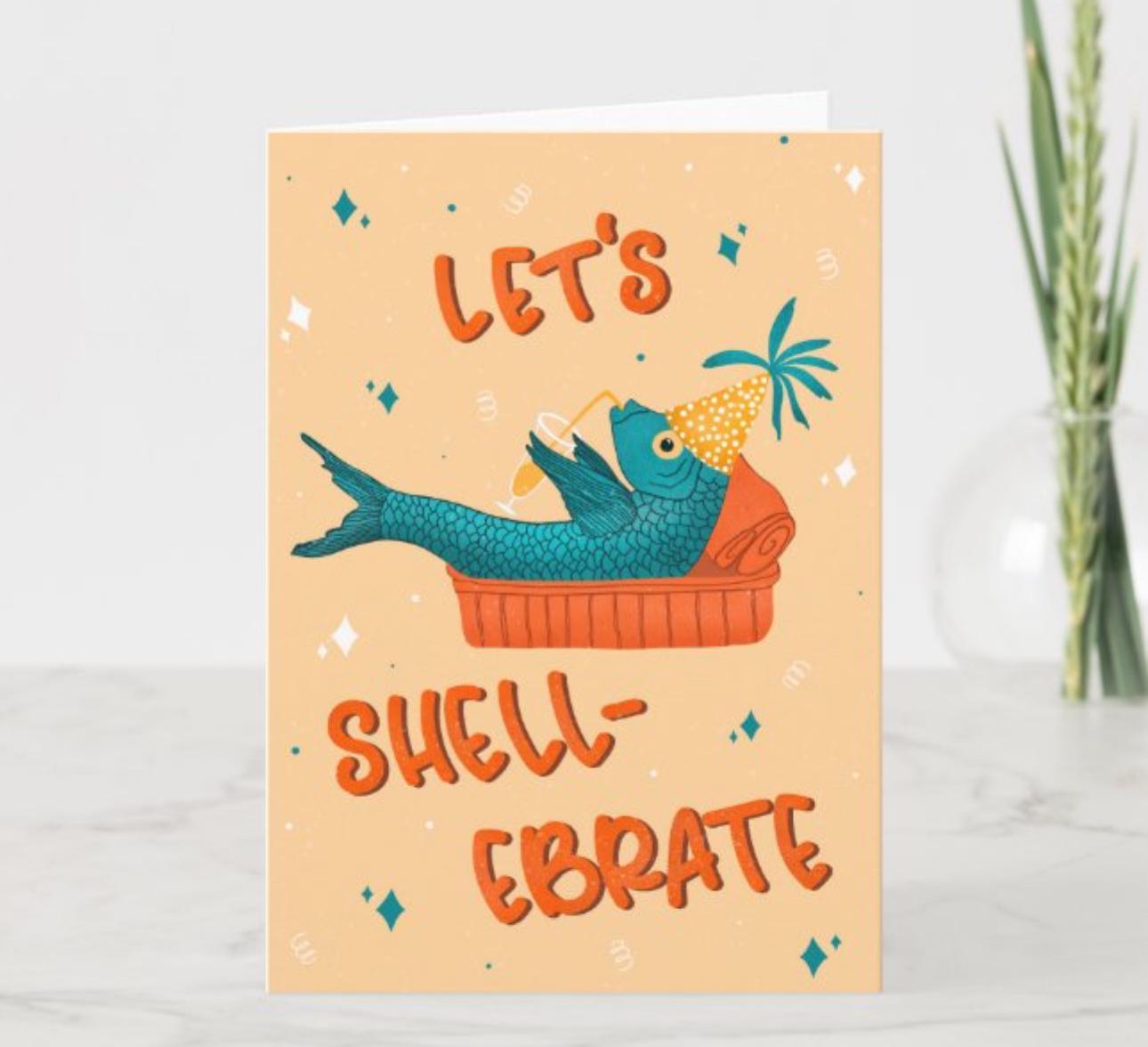 Funny Sardine Birthday Card – Let’s Shellebrate! Handmade Seaside Pun Gift for Friends