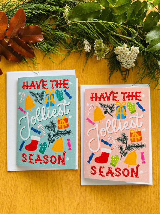 Jolliest Season Christmas Card – Hand-Lettered Festive Greeting (Mint or Blush)