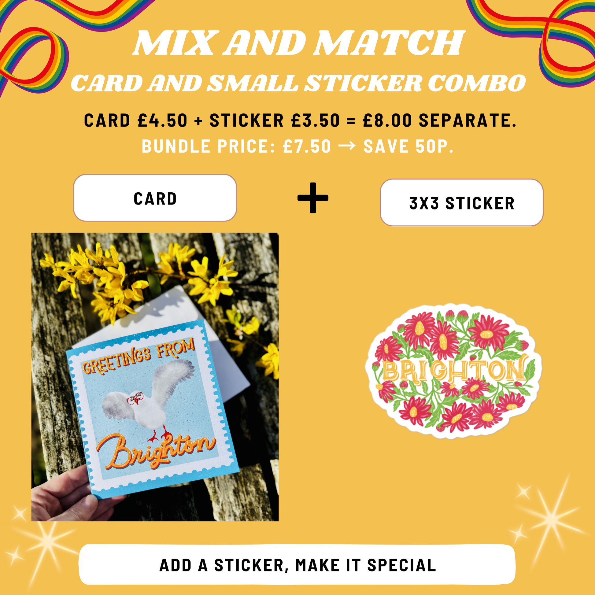 Promotional graphic for a card and sticker combo with a 'Greetings from Brighton' card and a 'Brighton' sticker on a yellow background.