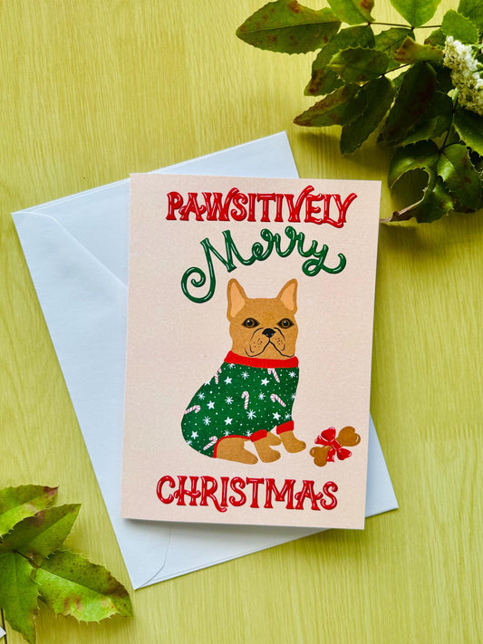 Pawsitively Merry Christmas Christmas Card – Cute Dog Illustration, Blank Inside with Envelope
