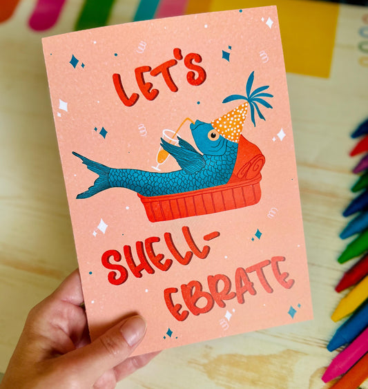 Funny Sardine Birthday Card – Let’s Shellebrate! Handmade Seaside Pun Gift for Friends