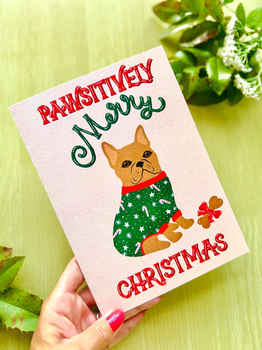 Pawsitively Merry Christmas Christmas Card – Cute Dog Illustration, Blank Inside with Envelope