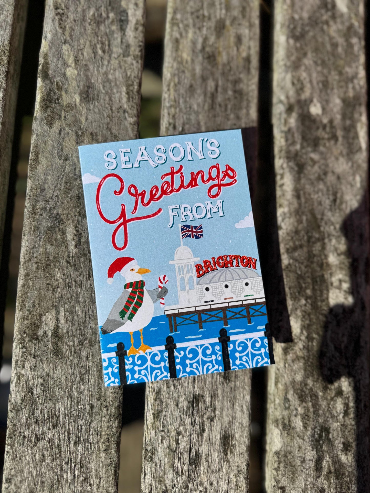 Seasons Greetings from Brighton Christmas Card – O Seaside Illustration, Blank Inside with Envelope