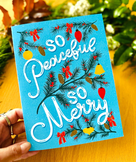 ‘So Peaceful So Merry’ Christmas Card – Festive Lights Illustration Cute Christmas Greeting Gift