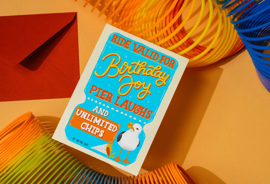 Handmade Vintage Ticket Birthday Card – Unique Greeting Gift Brighton Seagull & Chips Illustration