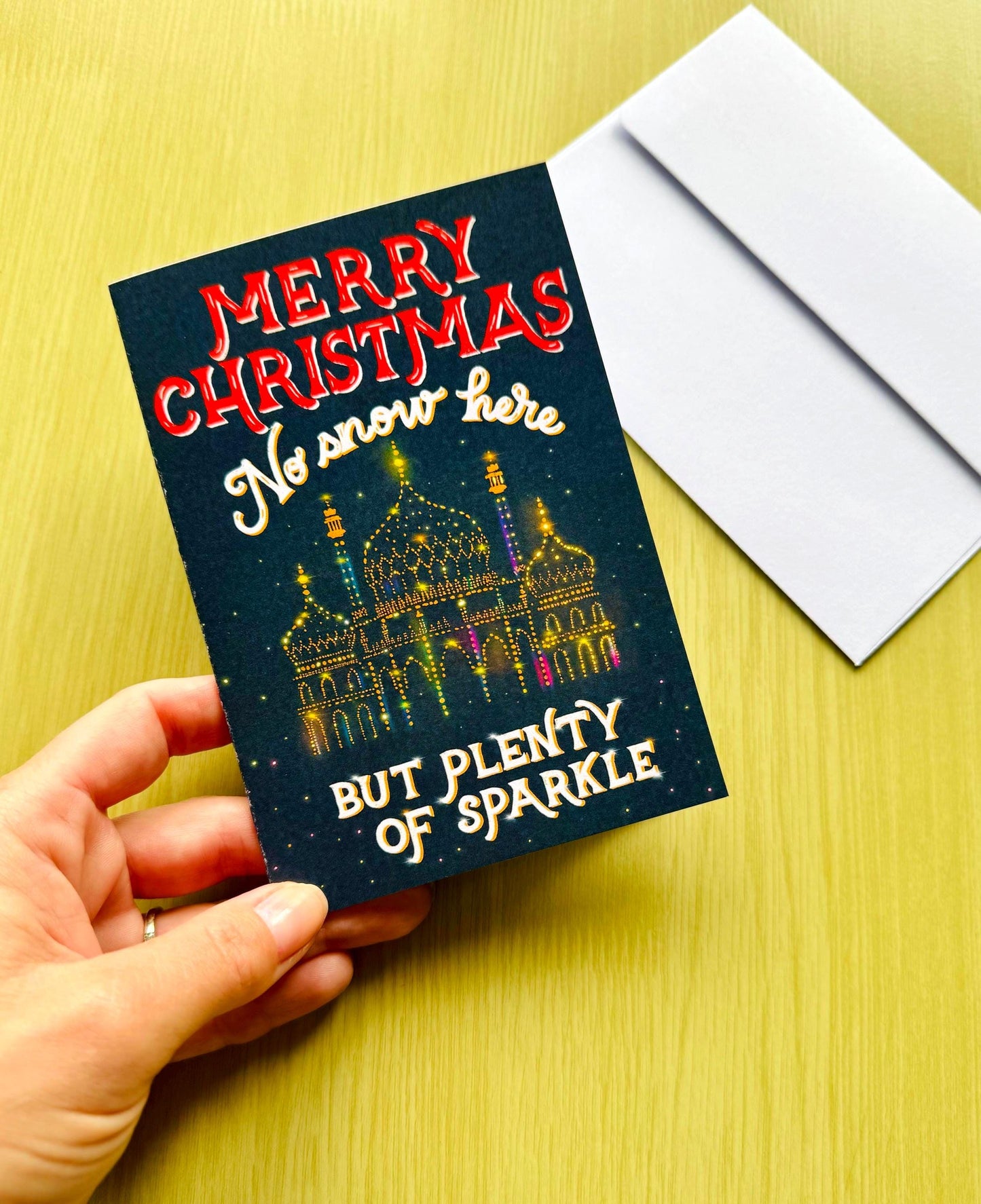 No Snow Here But Plenty of Sparkle Christmas Card – Brighton Palace Illustration, Blank Inside with Envelope