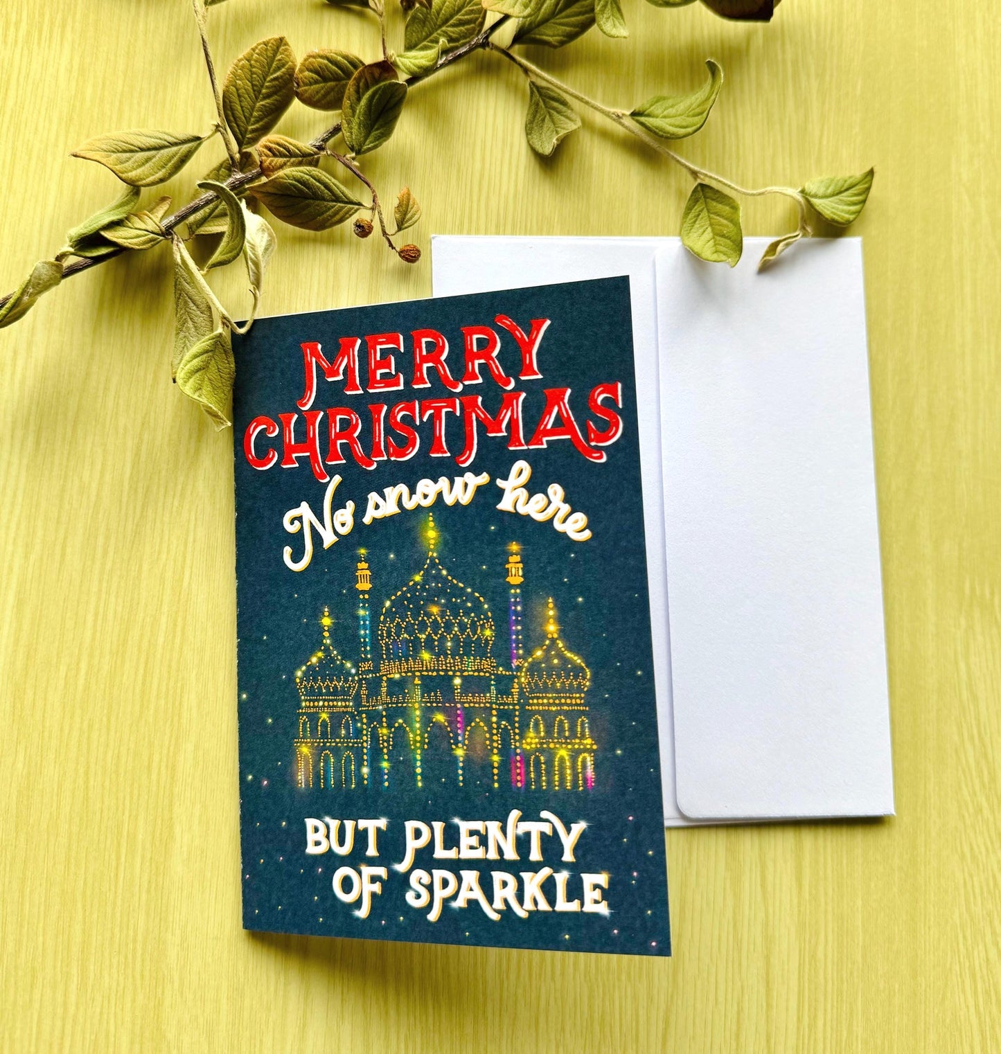 No Snow Here But Plenty of Sparkle Christmas Card – Brighton Palace Illustration, Blank Inside with Envelope