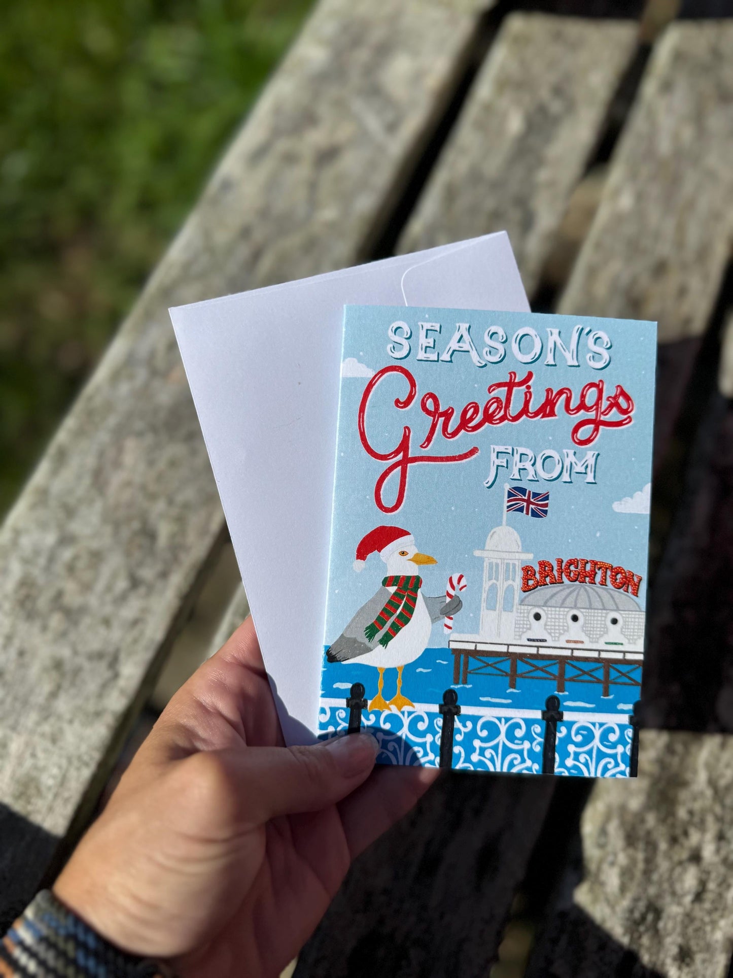Seasons Greetings from Brighton Christmas Card – O Seaside Illustration, Blank Inside with Envelope