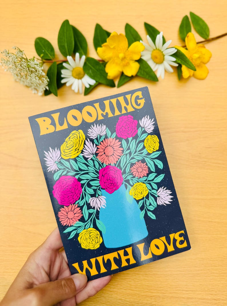 Handmade Blooming With Love Floral Card - Romantic Valentine Greeting Gift with Flowers Illustration for Wife & Husband