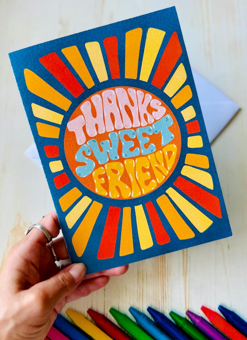 Thanks Sweet Friend Card – Retro Sunburst Hand-Lettered Design, Blank Inside with Envelope