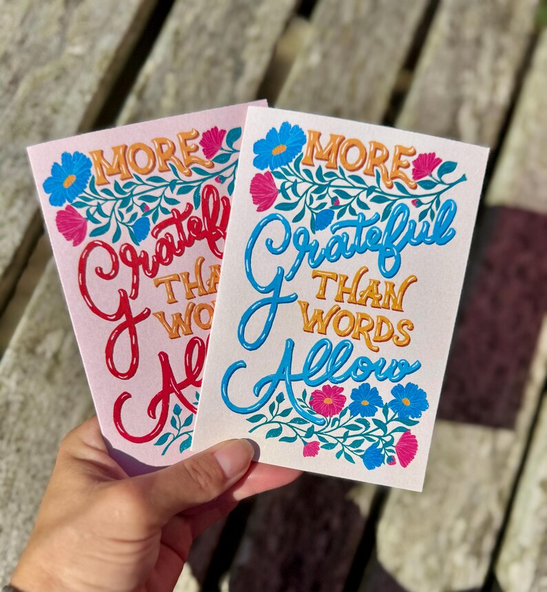 More Grateful Than Words Allow Card – Hand-Lettered Floral Illustration, Blank Inside with Envelope