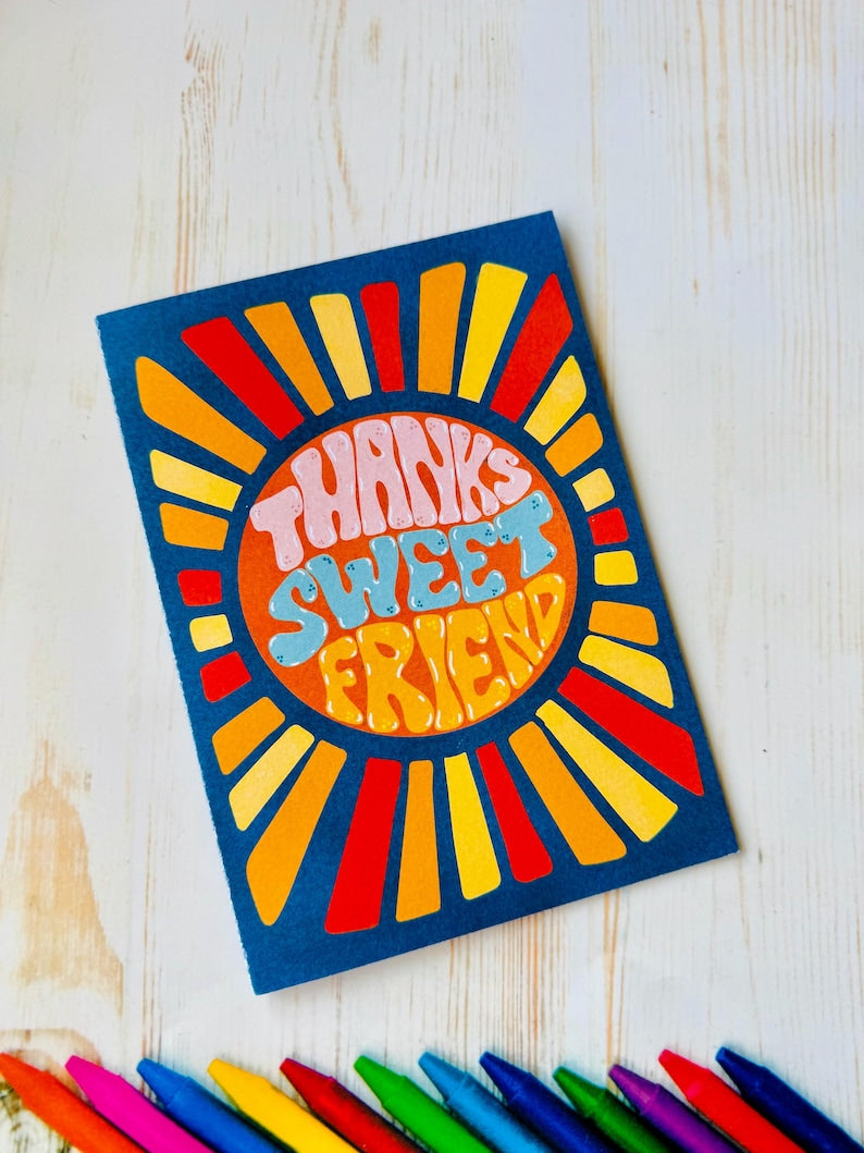 Thanks Sweet Friend Card – Retro Sunburst Hand-Lettered Design, Blank Inside with Envelope