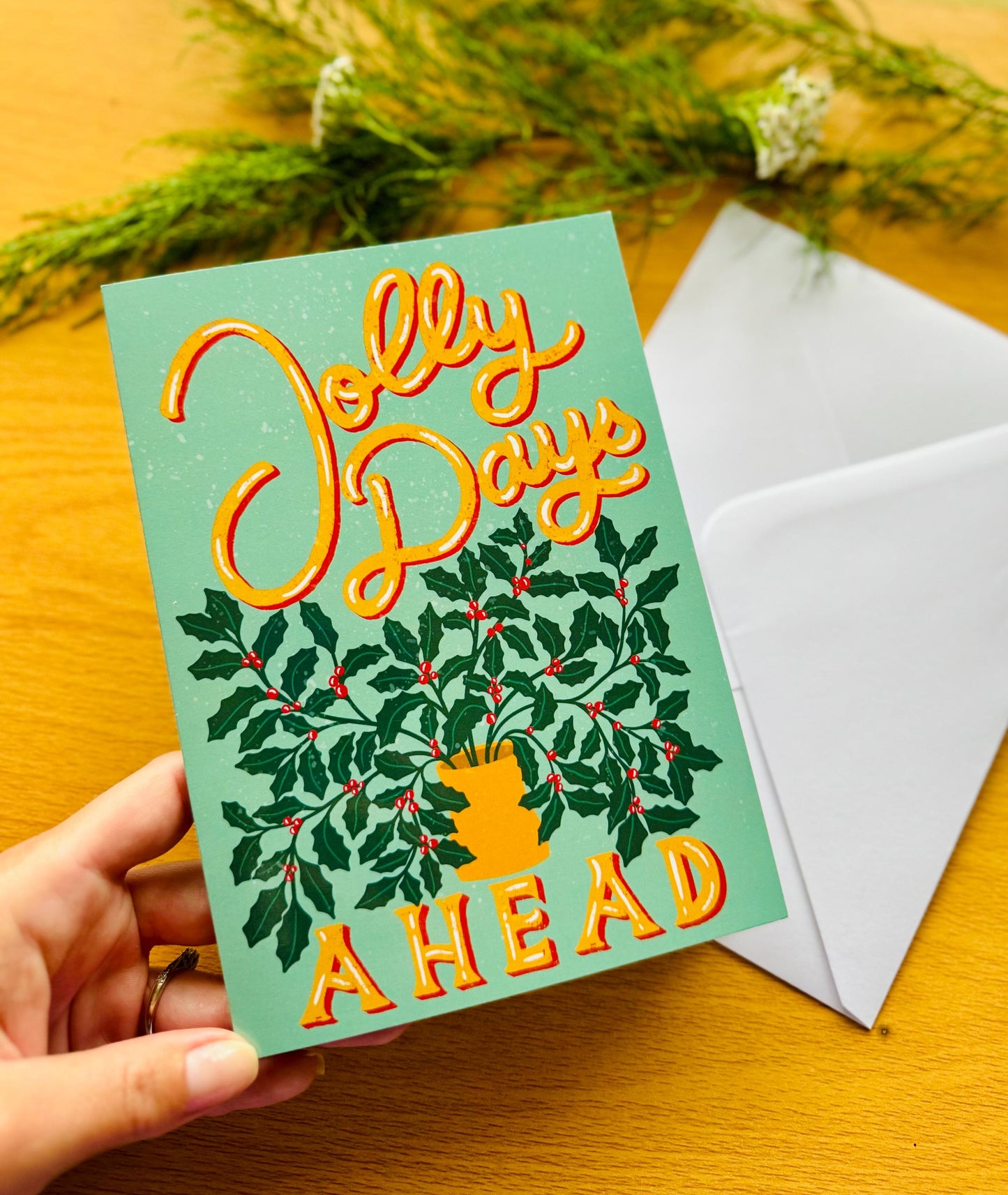 Handmade Vintage Christmas Card - "Jolly Days Ahead" Retro Inspired Holly Leaves & Berries Festive Design Holiday Greeting Gift