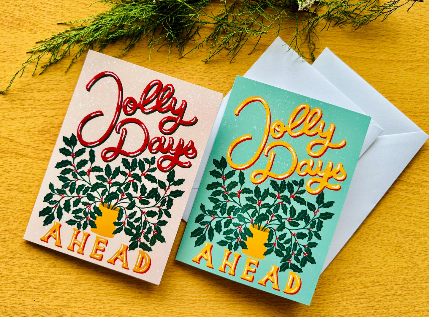 Handmade Vintage Christmas Card - "Jolly Days Ahead" Retro Inspired Holly Leaves & Berries Festive Design Holiday Greeting Gift