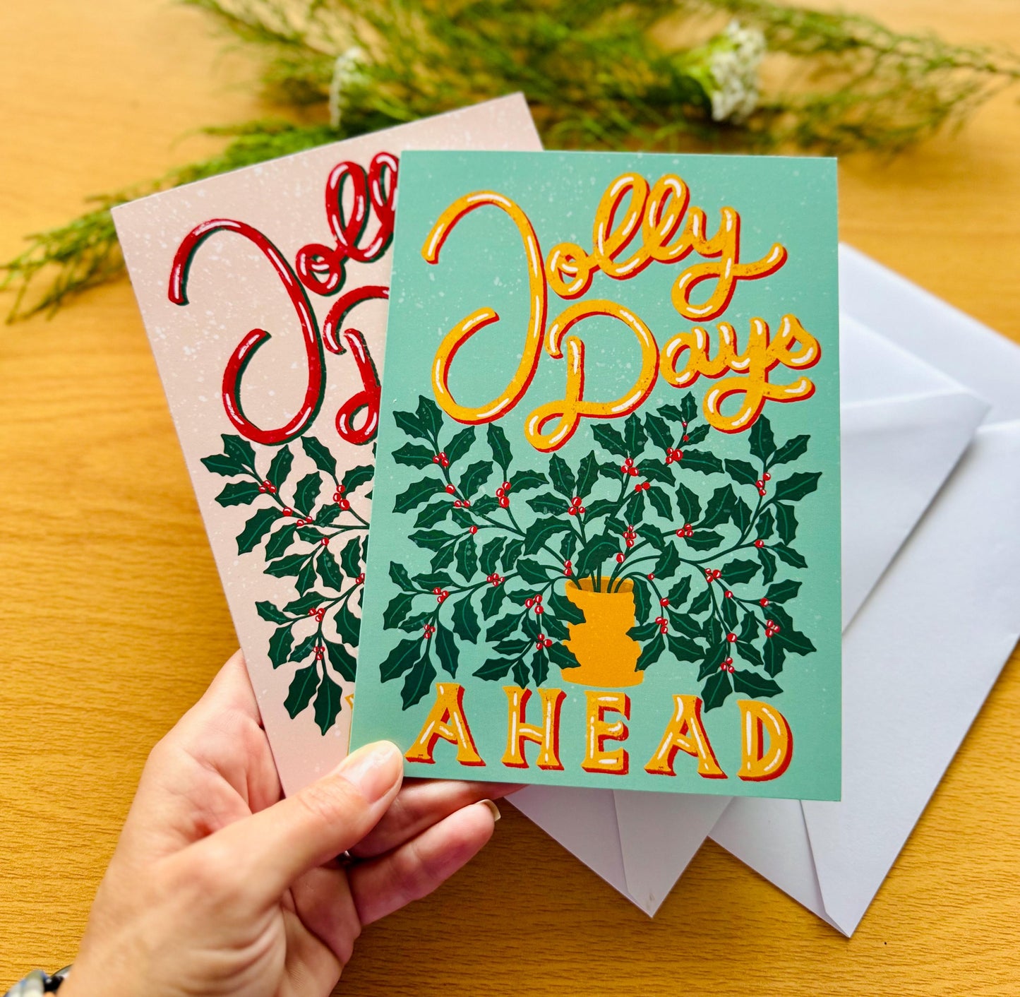 Handmade Vintage Christmas Card - "Jolly Days Ahead" Retro Inspired Holly Leaves & Berries Festive Design Holiday Greeting Gift