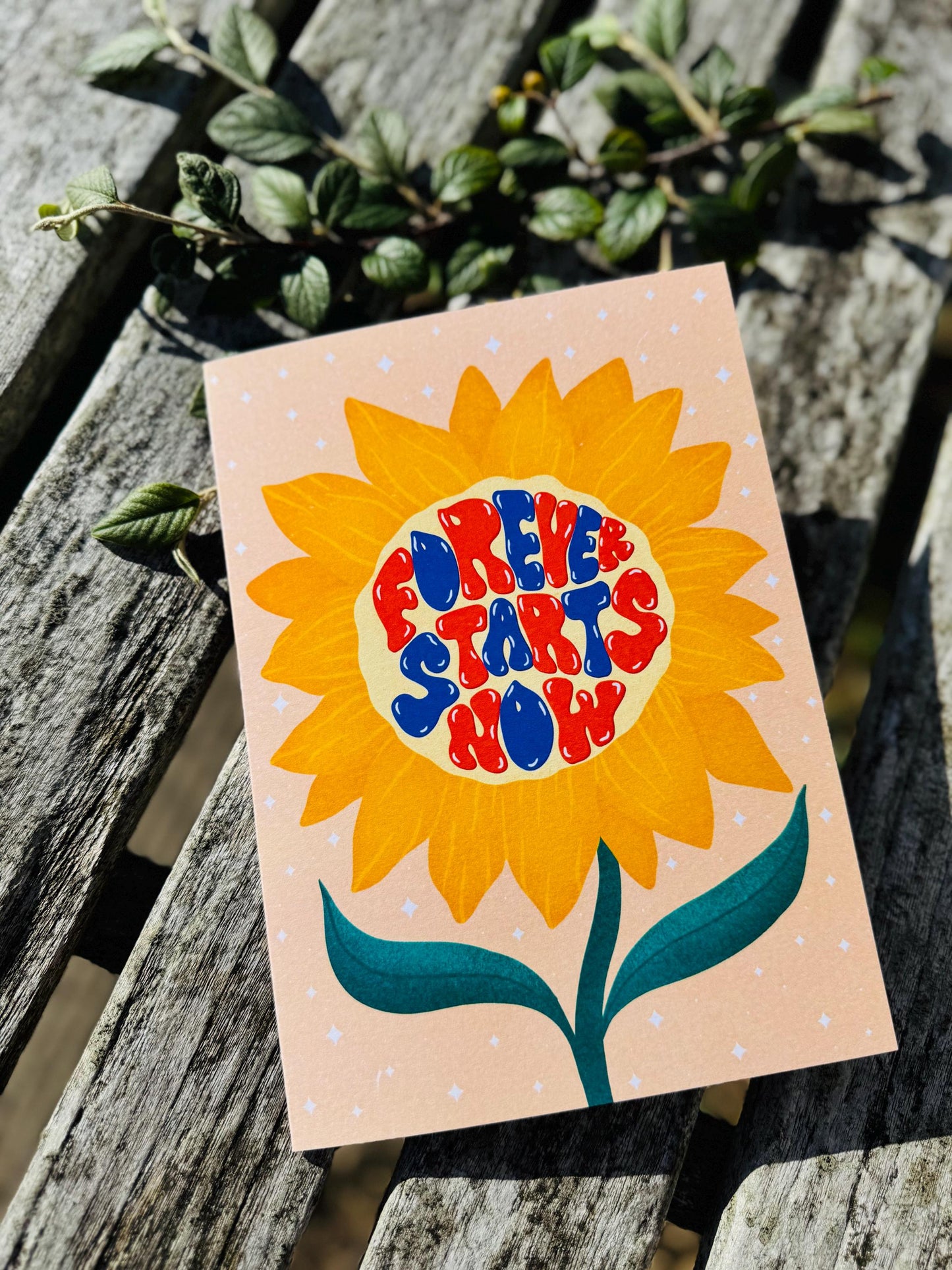 Forever Starts Now Wedding Card – Retro Sunflower Illustration, Blank Inside with Envelope