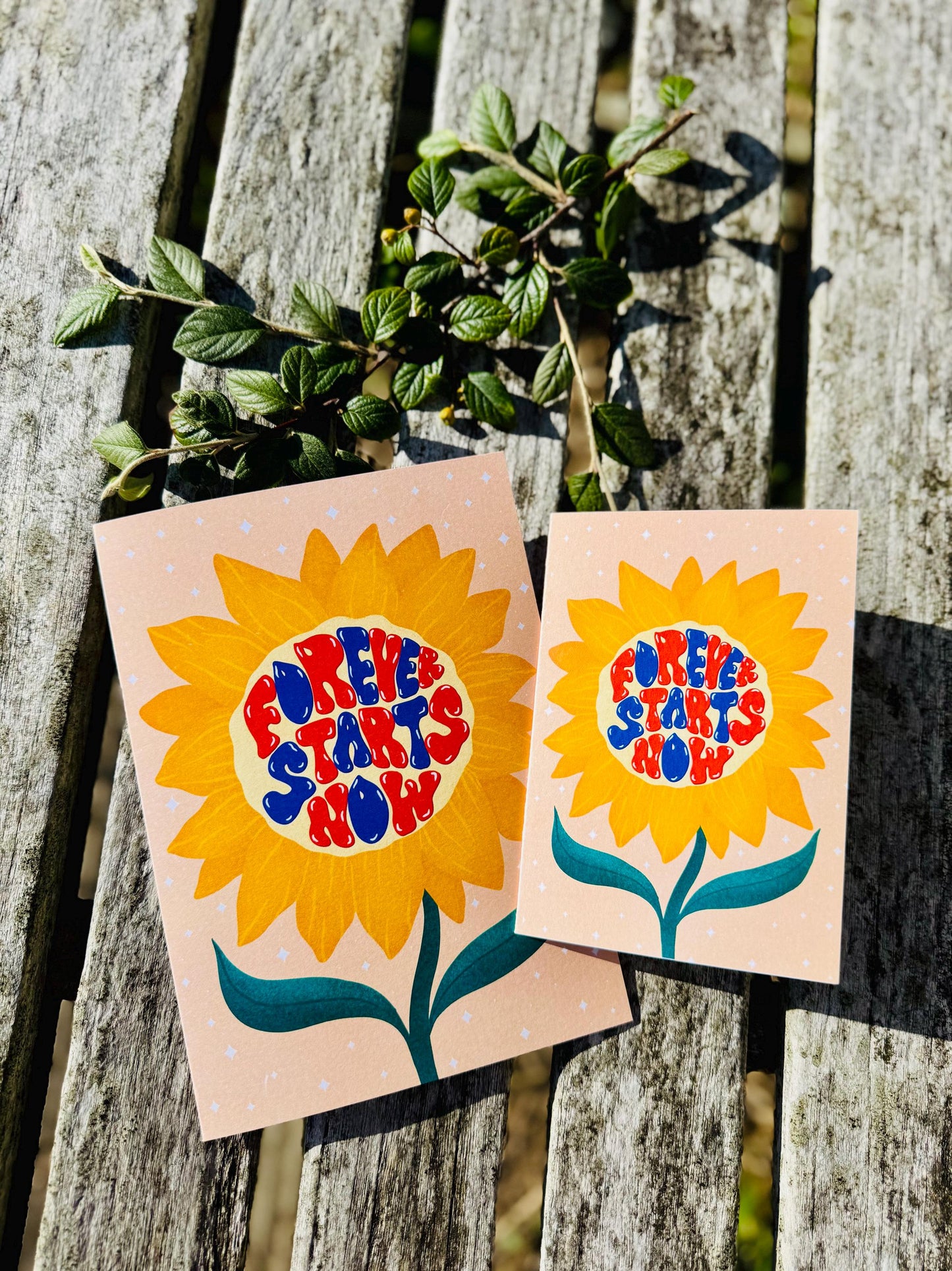 Forever Starts Now Wedding Card – Retro Sunflower Illustration, Blank Inside with Envelope