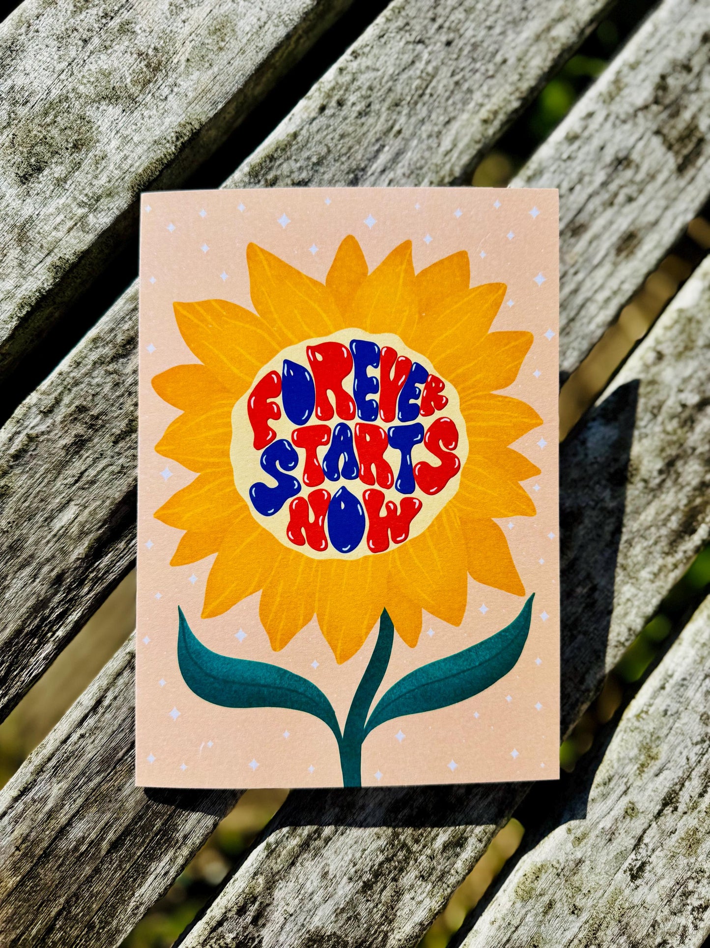 Forever Starts Now Wedding Card – Retro Sunflower Illustration, Blank Inside with Envelope