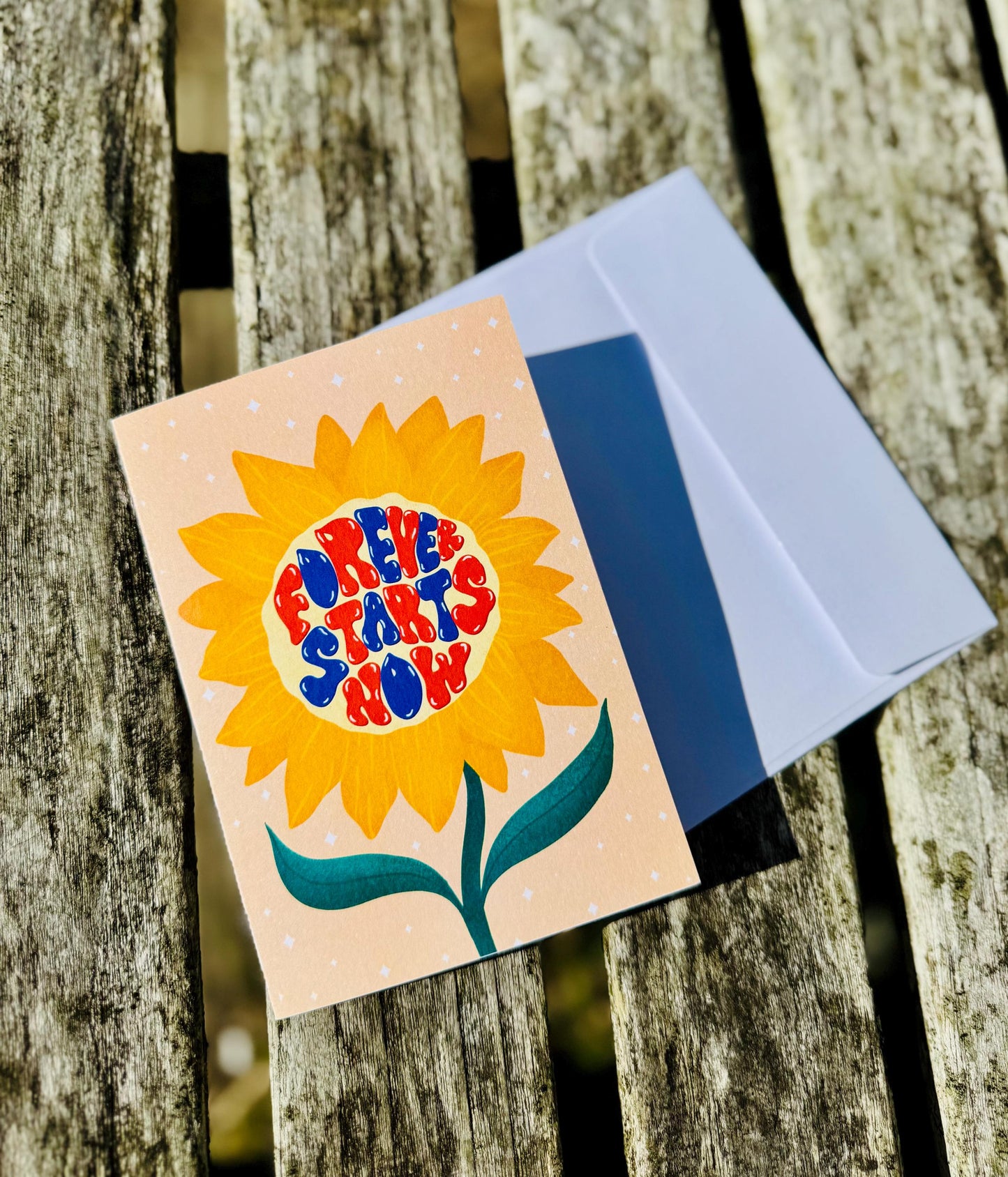 Forever Starts Now Wedding Card – Retro Sunflower Illustration, Blank Inside with Envelope