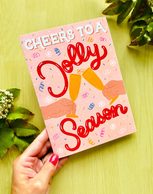 Handmade Jolly Christmas Card - "Cheers To A Jolly Season" Festive Champagne Glasses Celebration Xmas Holiday Greeting Gift
