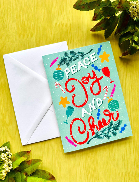 Personalised Merry Christmas Card - "Peace Joy & Cheer" Handmade Festive Ornaments Candy Canes Holiday Greeting Gift