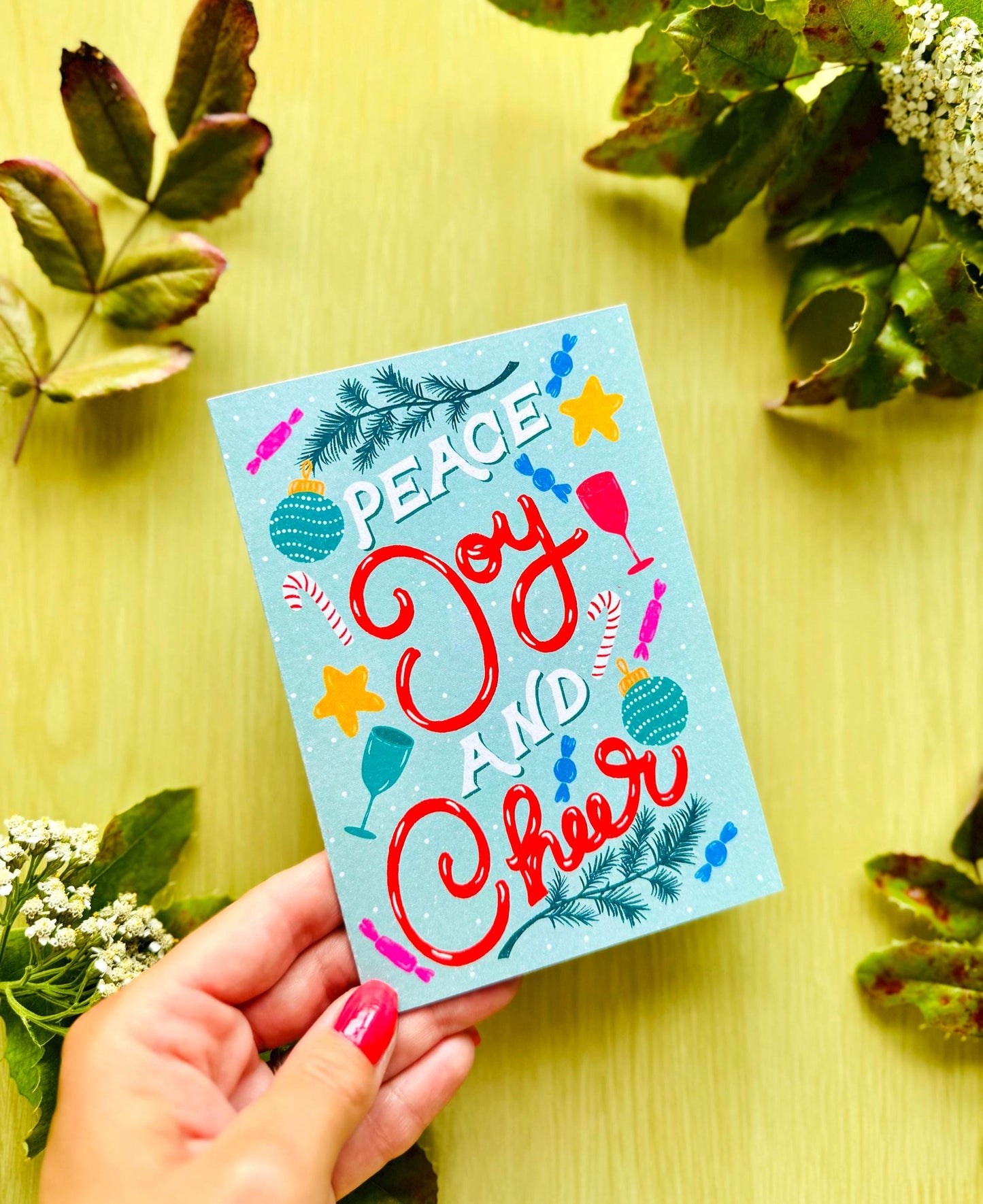 Personalised Merry Christmas Card - "Peace Joy & Cheer" Handmade Festive Ornaments Candy Canes Holiday Greeting Gift