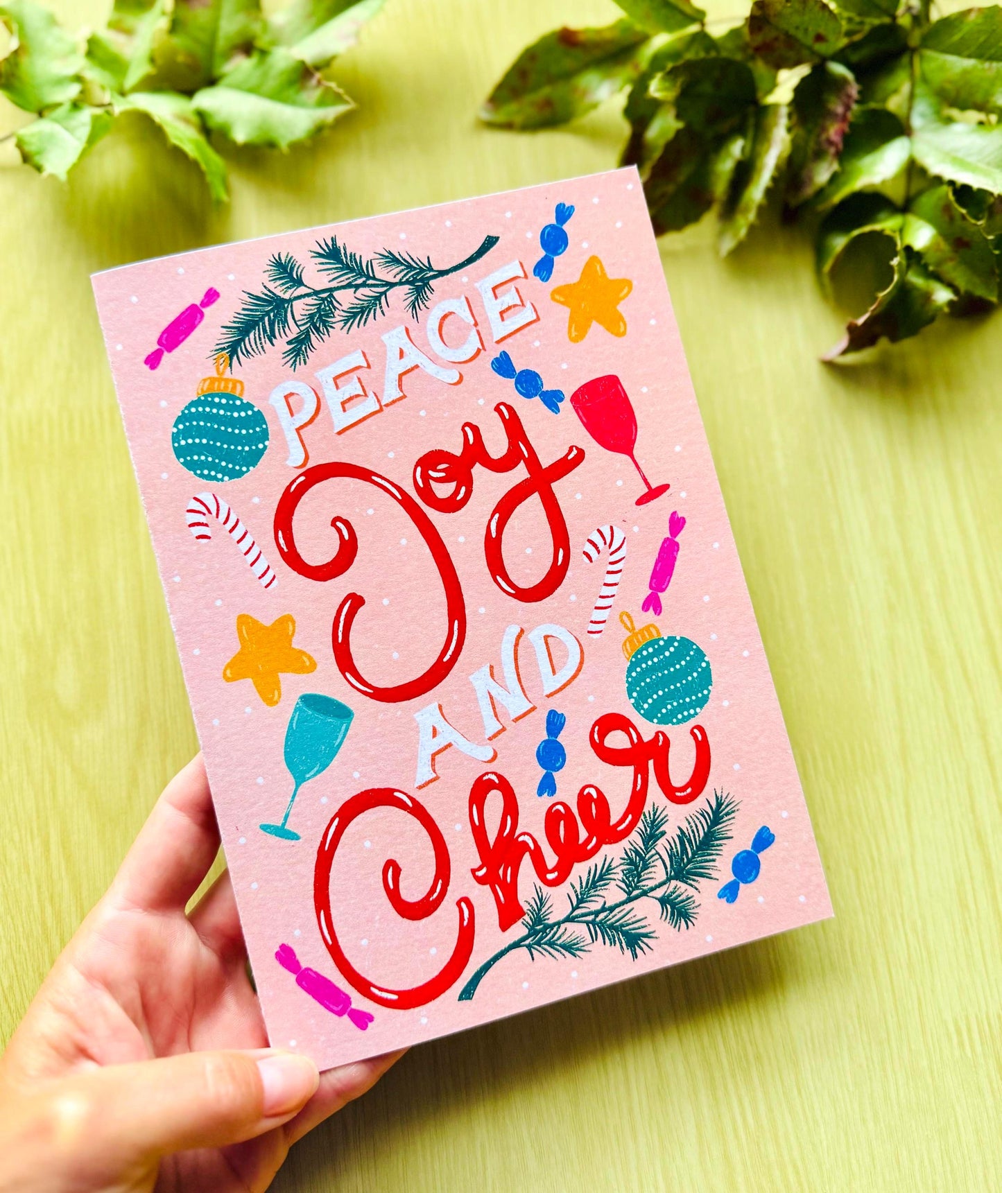 Personalised Merry Christmas Card - "Peace Joy & Cheer" Handmade Festive Ornaments Candy Canes Holiday Greeting Gift