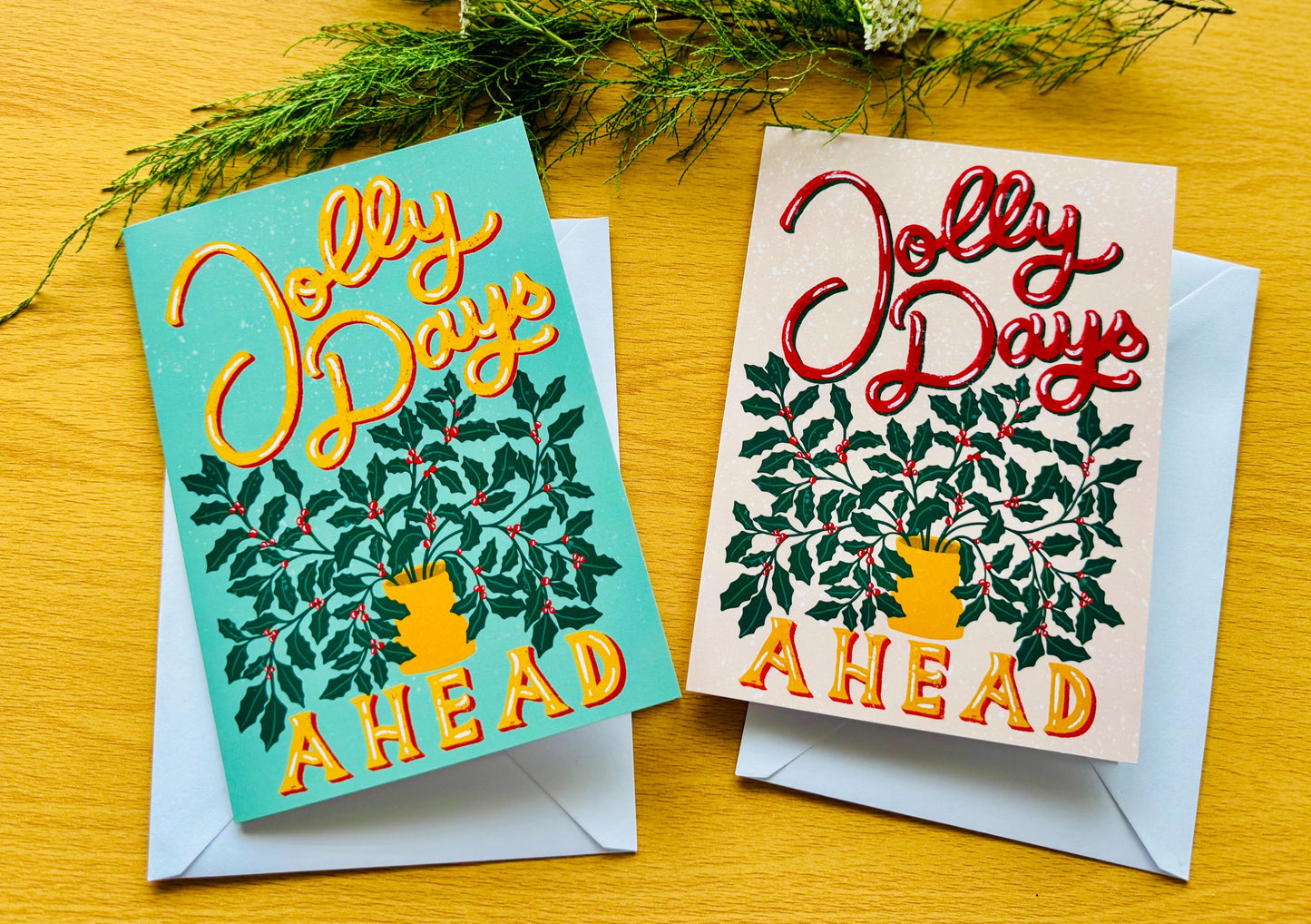 Handmade Vintage Christmas Card - "Jolly Days Ahead" Retro Inspired Holly Leaves & Berries Festive Design Holiday Greeting Gift