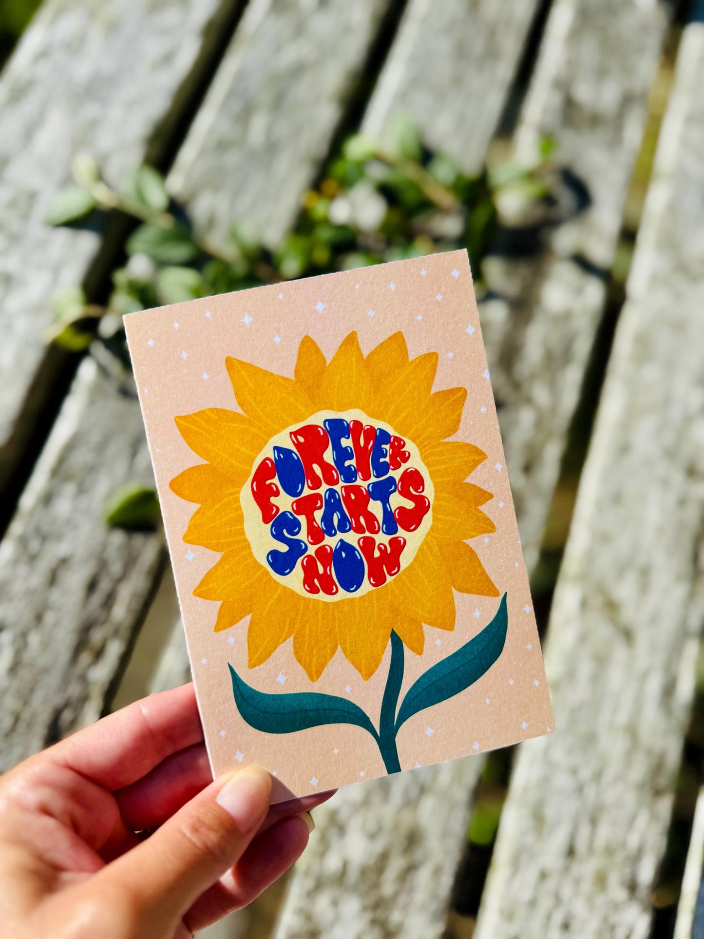 Forever Starts Now Wedding Card – Retro Sunflower Illustration, Blank Inside with Envelope