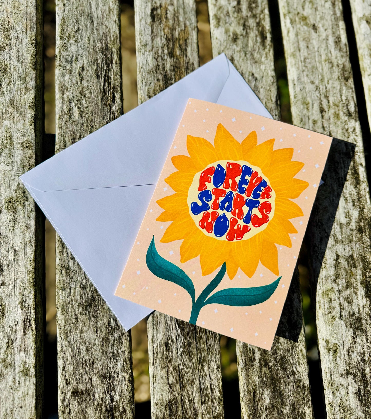 Forever Starts Now Wedding Card – Retro Sunflower Illustration, Blank Inside with Envelope