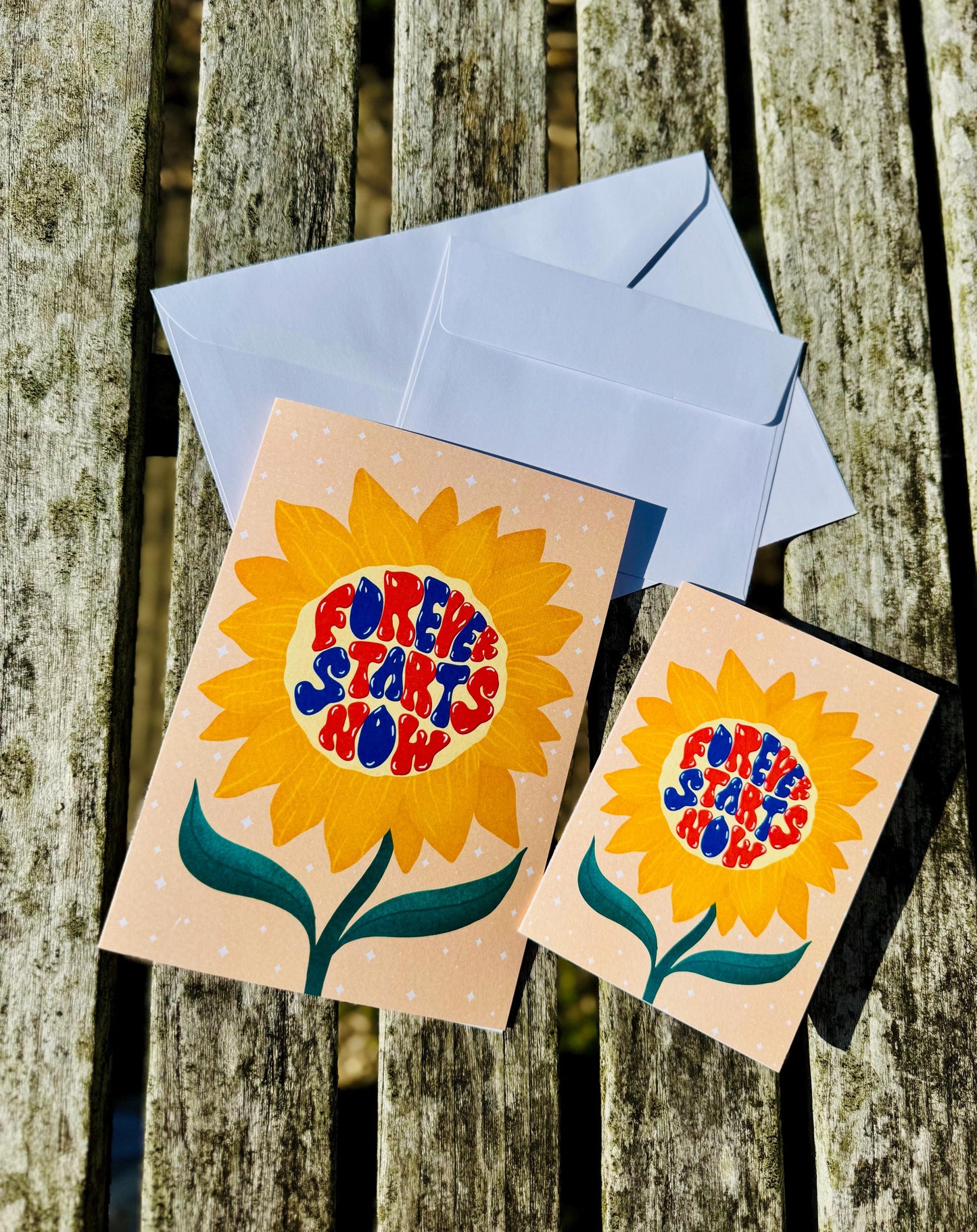 Forever Starts Now Wedding Card – Retro Sunflower Illustration, Blank Inside with Envelope
