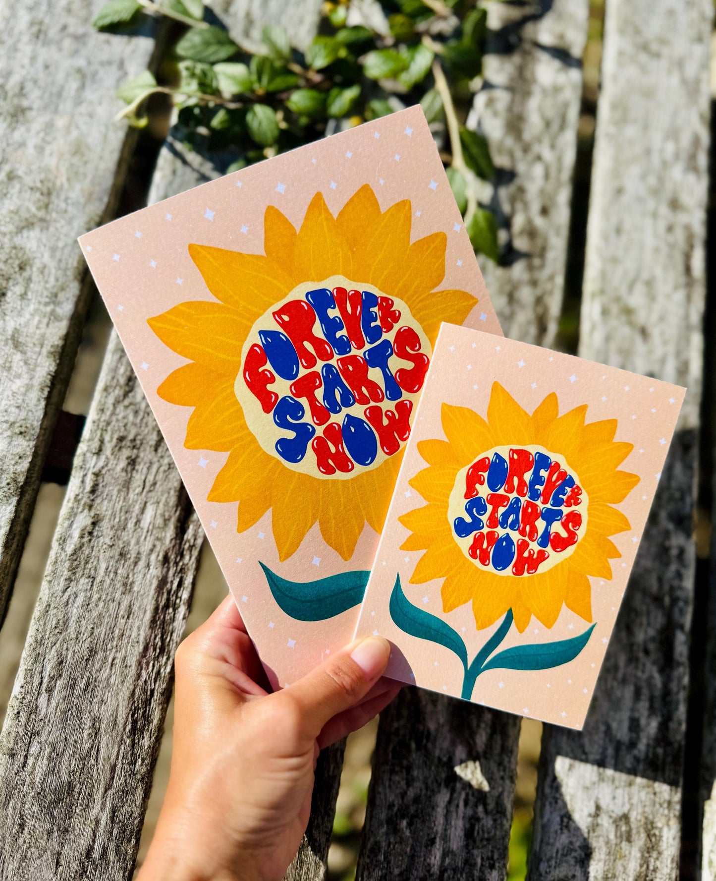 Forever Starts Now Wedding Card – Retro Sunflower Illustration, Blank Inside with Envelope