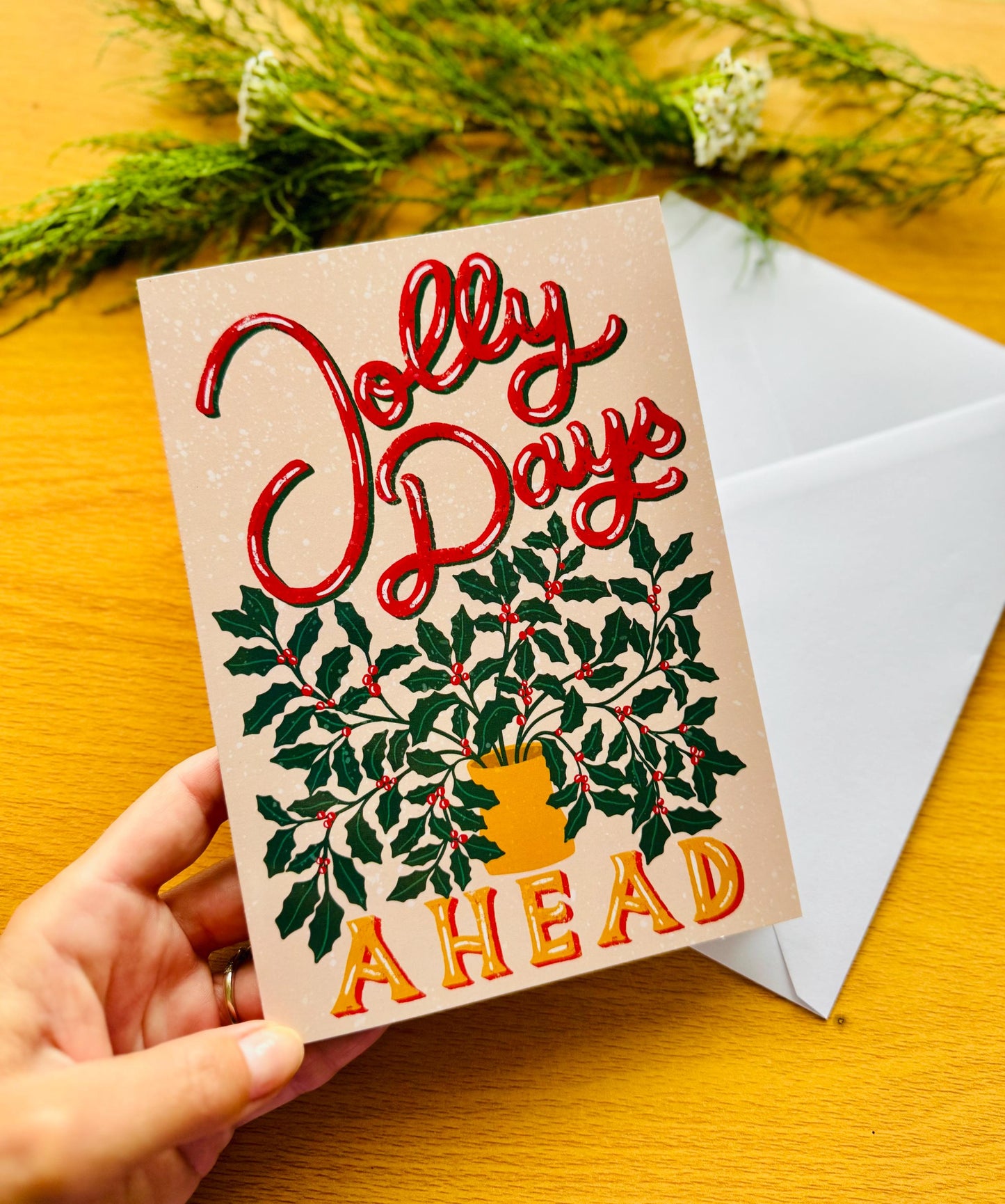 Handmade Vintage Christmas Card - "Jolly Days Ahead" Retro Inspired Holly Leaves & Berries Festive Design Holiday Greeting Gift