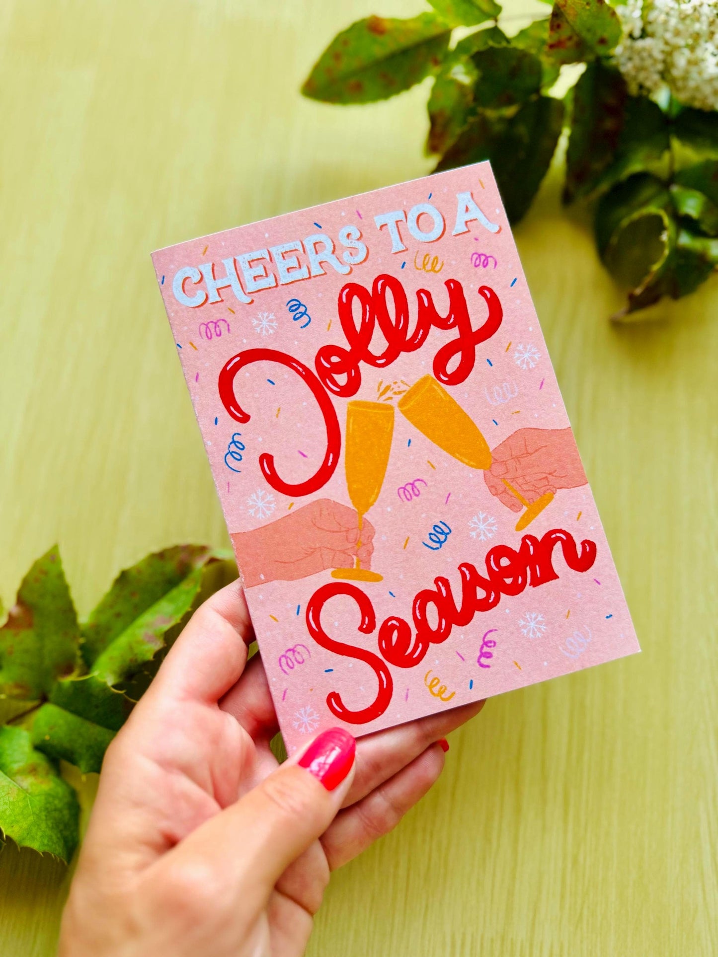 Handmade Jolly Christmas Card - "Cheers To A Jolly Season" Festive Champagne Glasses Celebration Xmas Holiday Greeting Gift