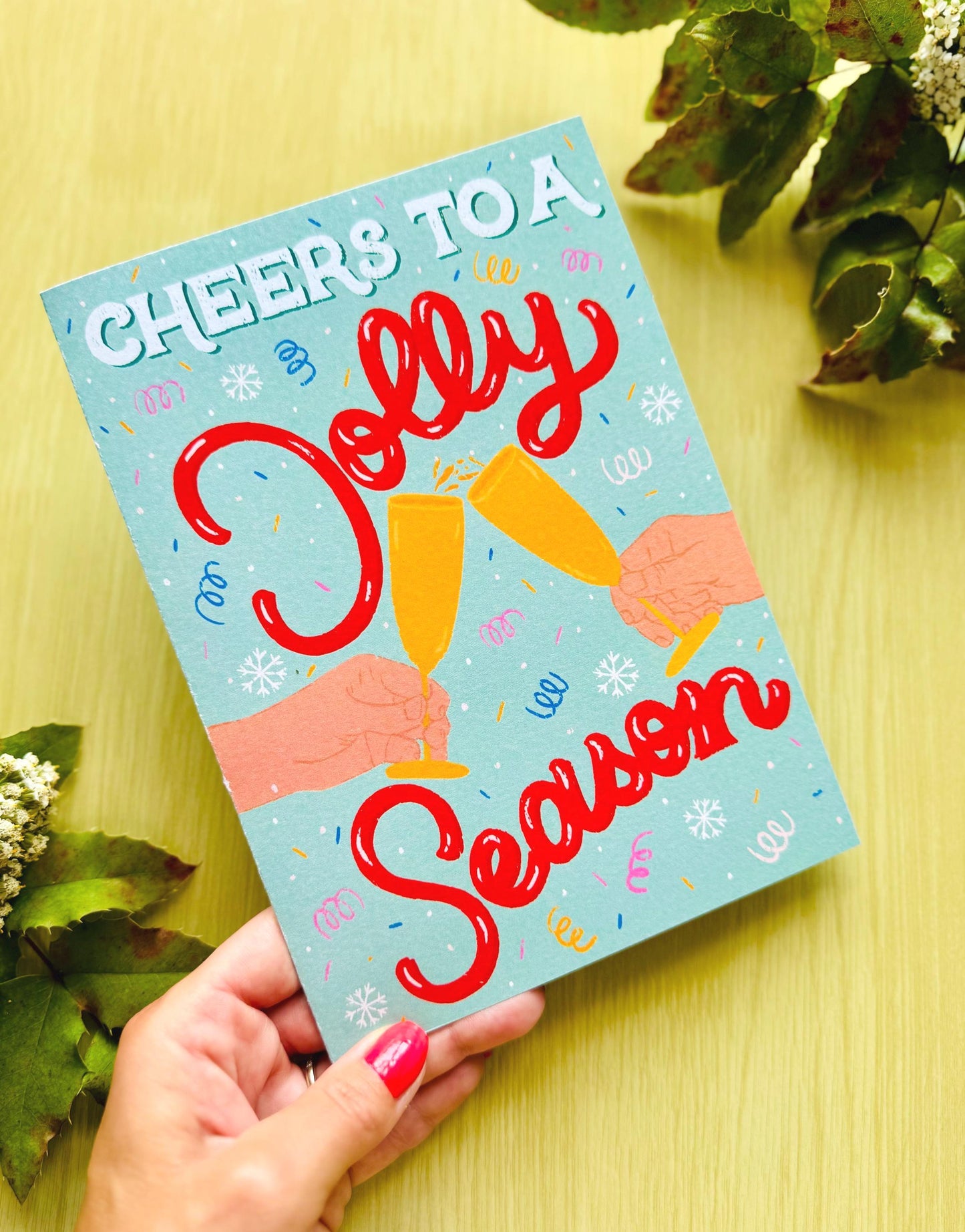Handmade Jolly Christmas Card - "Cheers To A Jolly Season" Festive Champagne Glasses Celebration Xmas Holiday Greeting Gift