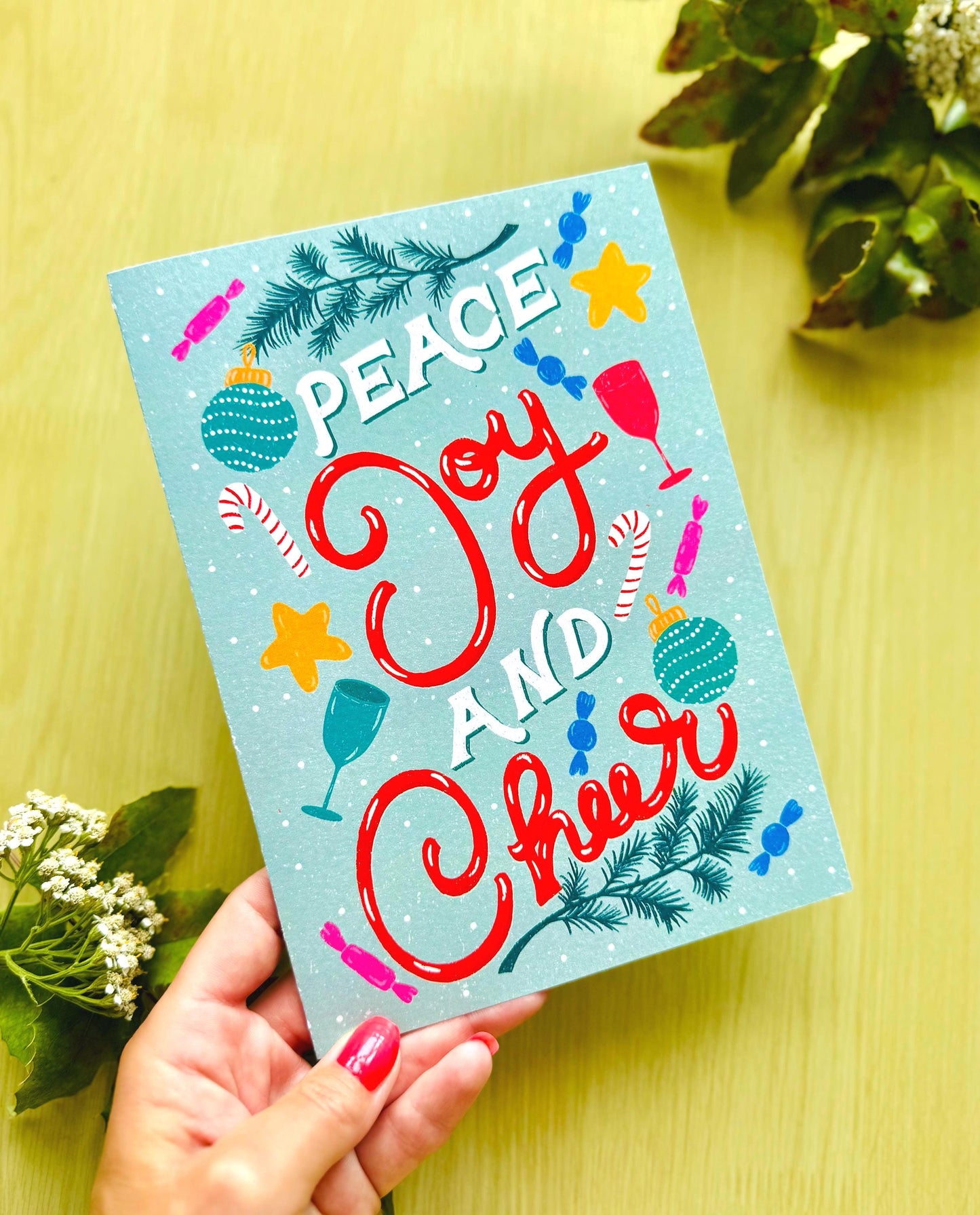 Personalised Merry Christmas Card - "Peace Joy & Cheer" Handmade Festive Ornaments Candy Canes Holiday Greeting Gift