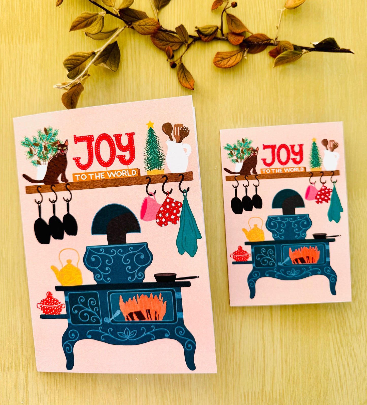 Joy to the World Christmas Card – Cozy Kitchen Holiday Card with Cat, Vintage Stove Illustration, Warm Festive Greeting Card, Winter Cottage Style”