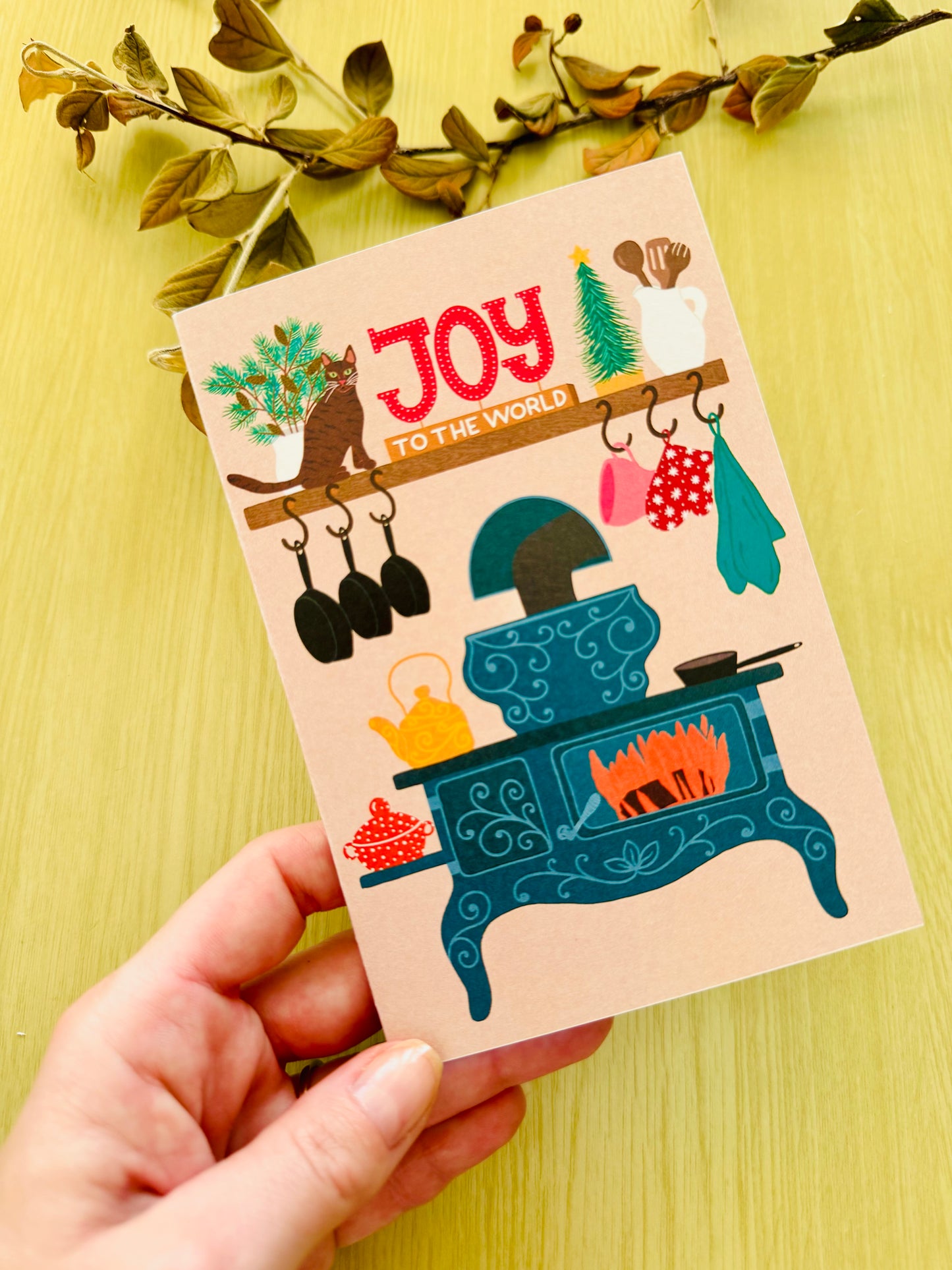 Joy to the World Christmas Card – Cozy Kitchen Holiday Card with Cat, Vintage Stove Illustration, Warm Festive Greeting Card, Winter Cottage Style”