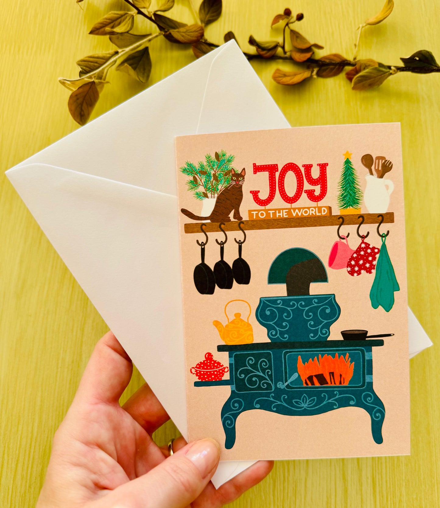 Joy to the World Christmas Card – Cozy Kitchen Holiday Card with Cat, Vintage Stove Illustration, Warm Festive Greeting Card, Winter Cottage Style”