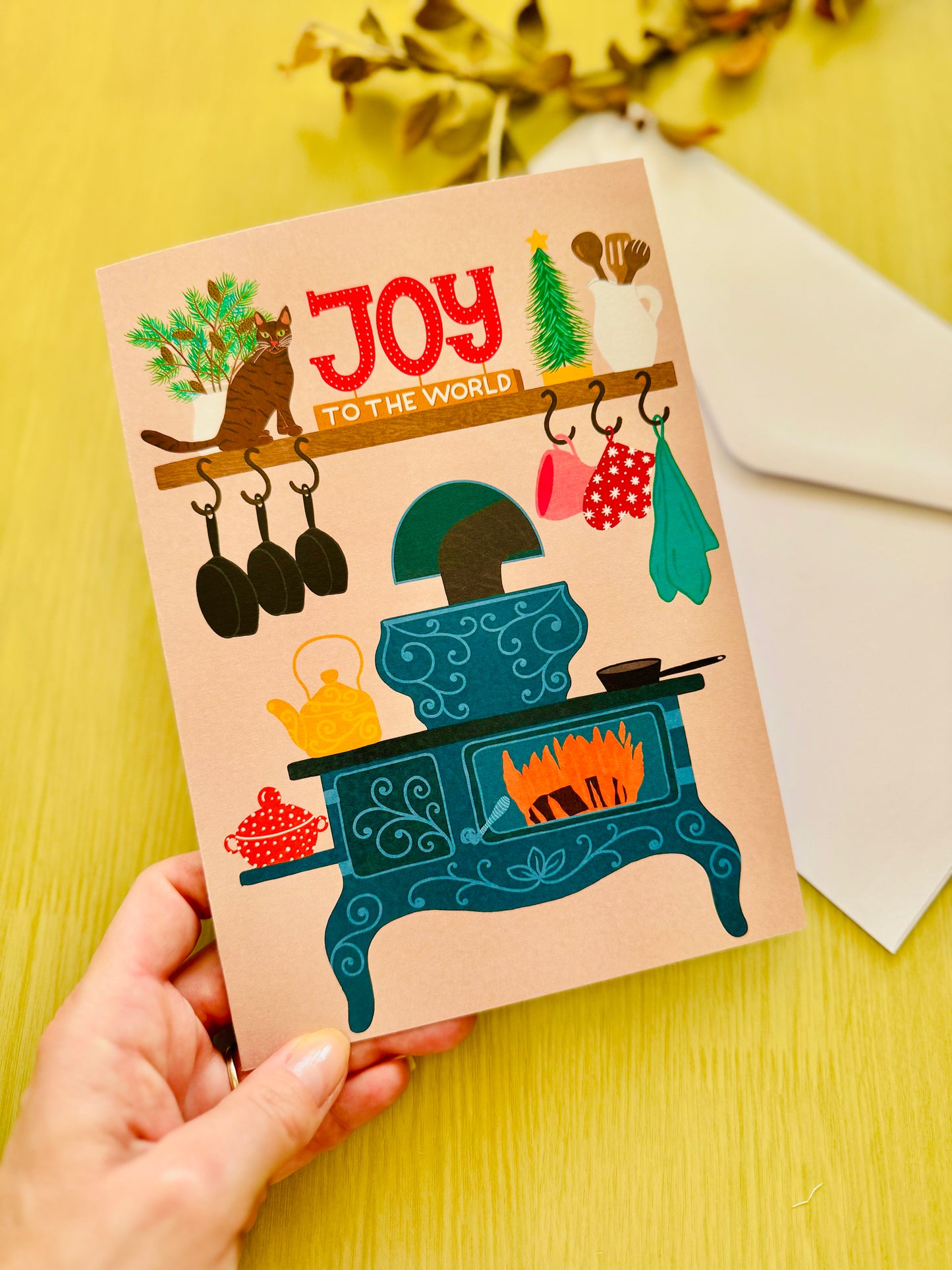 Joy to the World Christmas Card – Cozy Kitchen Holiday Card with Cat, Vintage Stove Illustration, Warm Festive Greeting Card, Winter Cottage Style”